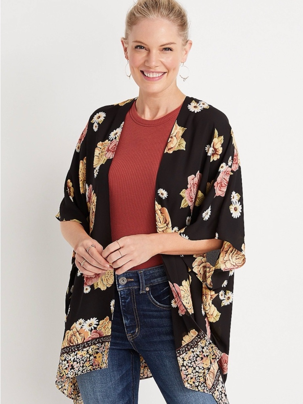 Maurices Black Floral Kimono/Ruana with Pink Roses and White Daisies